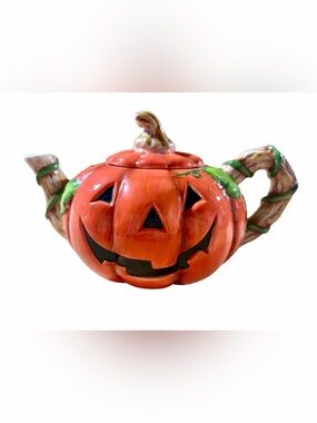 Halloween Jack O' Lantern Pumpkin Teapot Vine Fall Decor